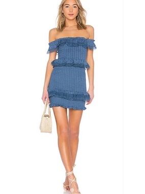 Tularosa Blue Off-Shoulder Ruffle Mini Dress